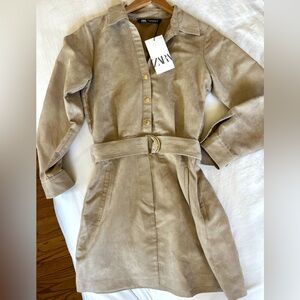 Zara Beige Belted Velour Shirt Dress-Sz XS